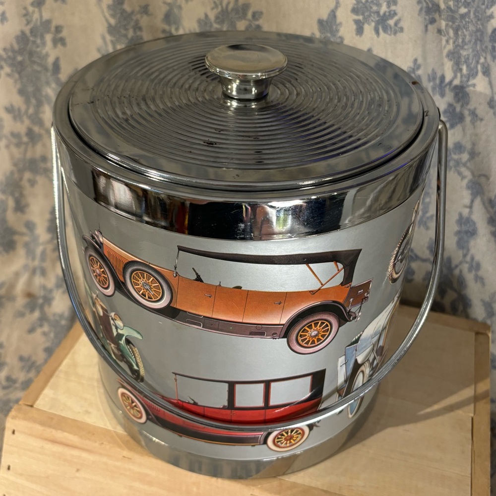 VTG 60s 70s MCM Ice Bucket ft Antique Cars